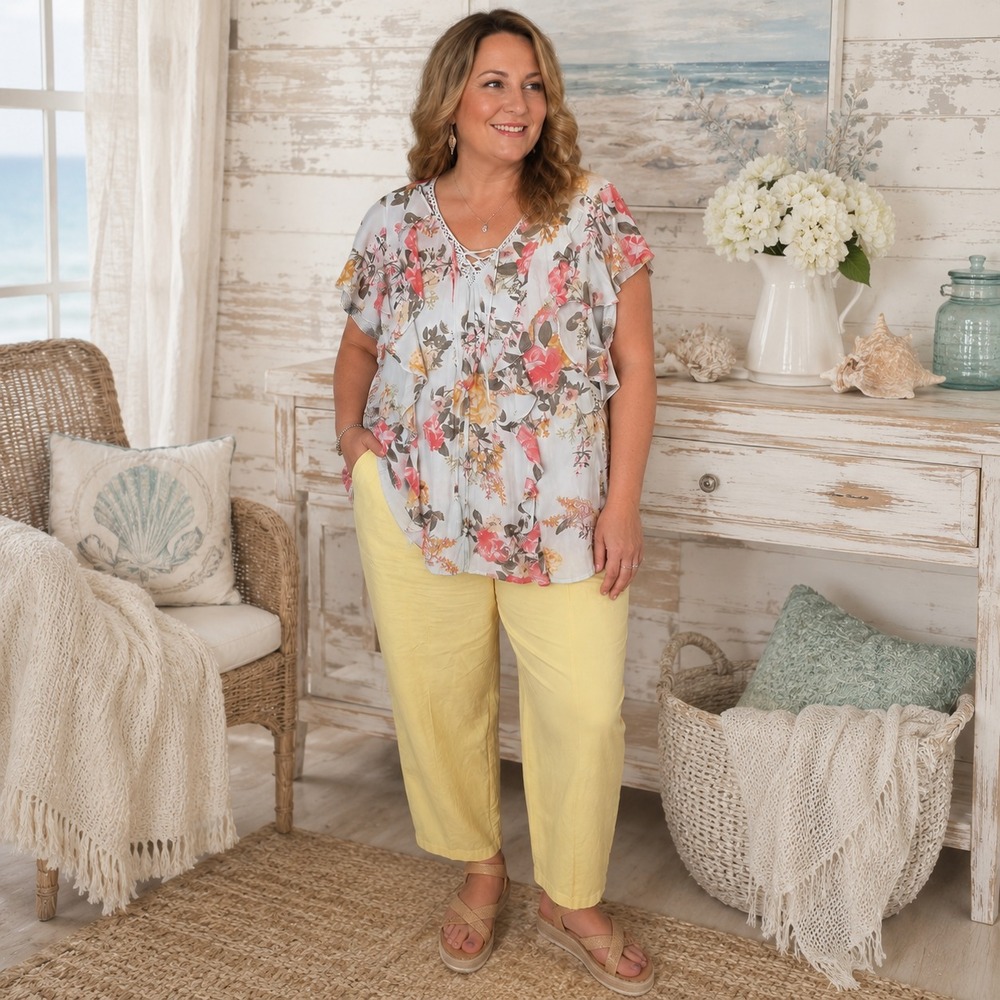 49. American Rag Floral Blouse & Chicory Yellow Cropped Pants Set 1X 15/16 Boho